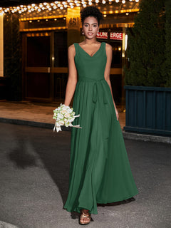 Simple Chiffon Dresses with V Neckline Dark Green