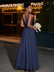 Simple Chiffon Dresses with V Neckline Dark Navy