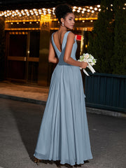 Simple Chiffon Dresses with V Neckline Dusty Blue