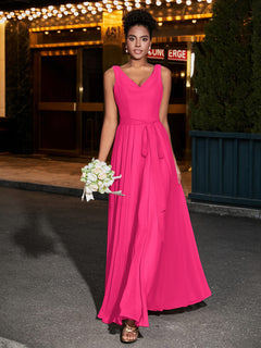 Simple Chiffon Dresses with V Neckline Fuchsia