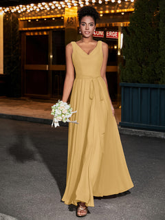 Simple Chiffon Dresses with V Neckline Gold