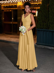 Simple Chiffon Dresses with V Neckline Gold