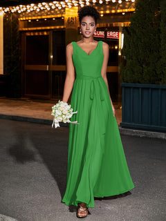 Simple Chiffon Dresses with V Neckline Green