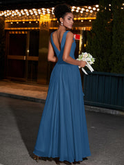 Simple Chiffon Dresses with V Neckline Ink Blue