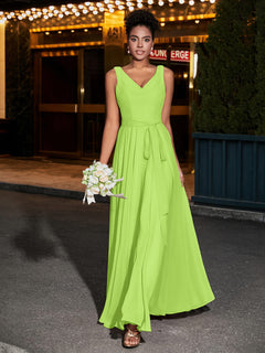 Simple Chiffon Dresses with V Neckline Lime Green