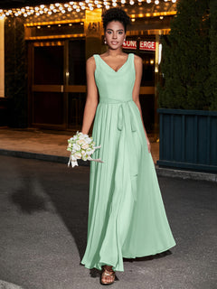 Simple Chiffon Dresses with V Neckline Mint Green