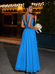 Simple Chiffon Dresses with V Neckline Ocean Blue