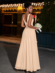 Simple Chiffon Dresses with V Neckline Peach