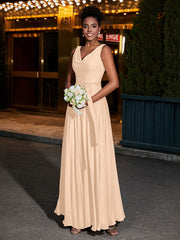 Simple Chiffon Dresses with V Neckline Peach