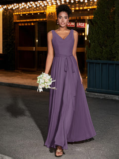 Simple Chiffon Dresses with V Neckline Plum