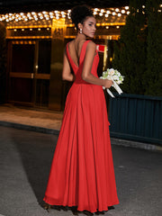 Simple Chiffon Dresses with V Neckline Red