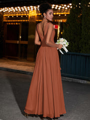 Simple Chiffon Dresses with V Neckline Rust