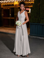 Simple Chiffon Dresses with V Neckline Silver