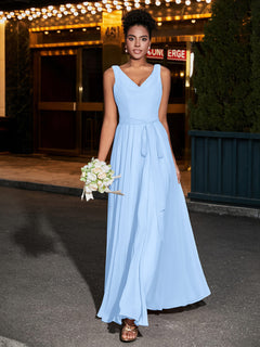 Simple Chiffon Dresses with V Neckline Sky Blue