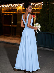 Simple Chiffon Dresses with V Neckline Sky Blue