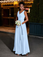 Simple Chiffon Dresses with V Neckline Sky Blue