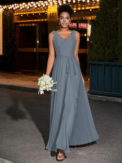 Simple Chiffon Dresses with V Neckline Slate Blue