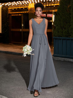 Simple Chiffon Dresses with V Neckline Steel Grey