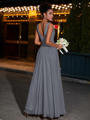 Simple Chiffon Dresses with V Neckline Steel Grey