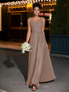 Simple Chiffon Dresses with V Neckline Taupe