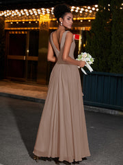 Simple Chiffon Dresses with V Neckline Taupe
