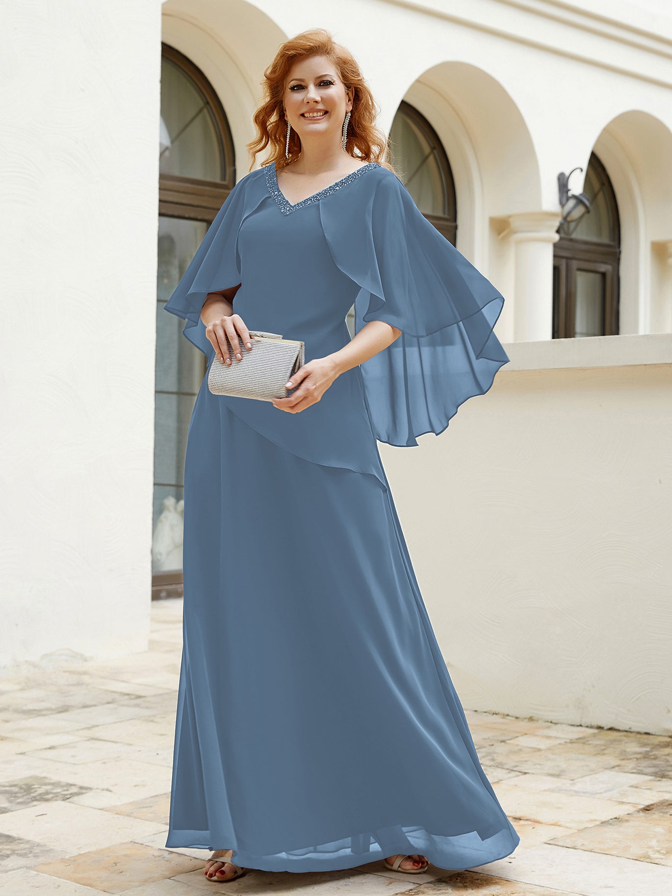 slate blue mother of bride dress Zapaka Women Lace Mother of The Bride Dress A Line Dusty Blue Chiffon Round Neck Short Sleeves Long Formal Dress, Grey Blue / US16 main image 1