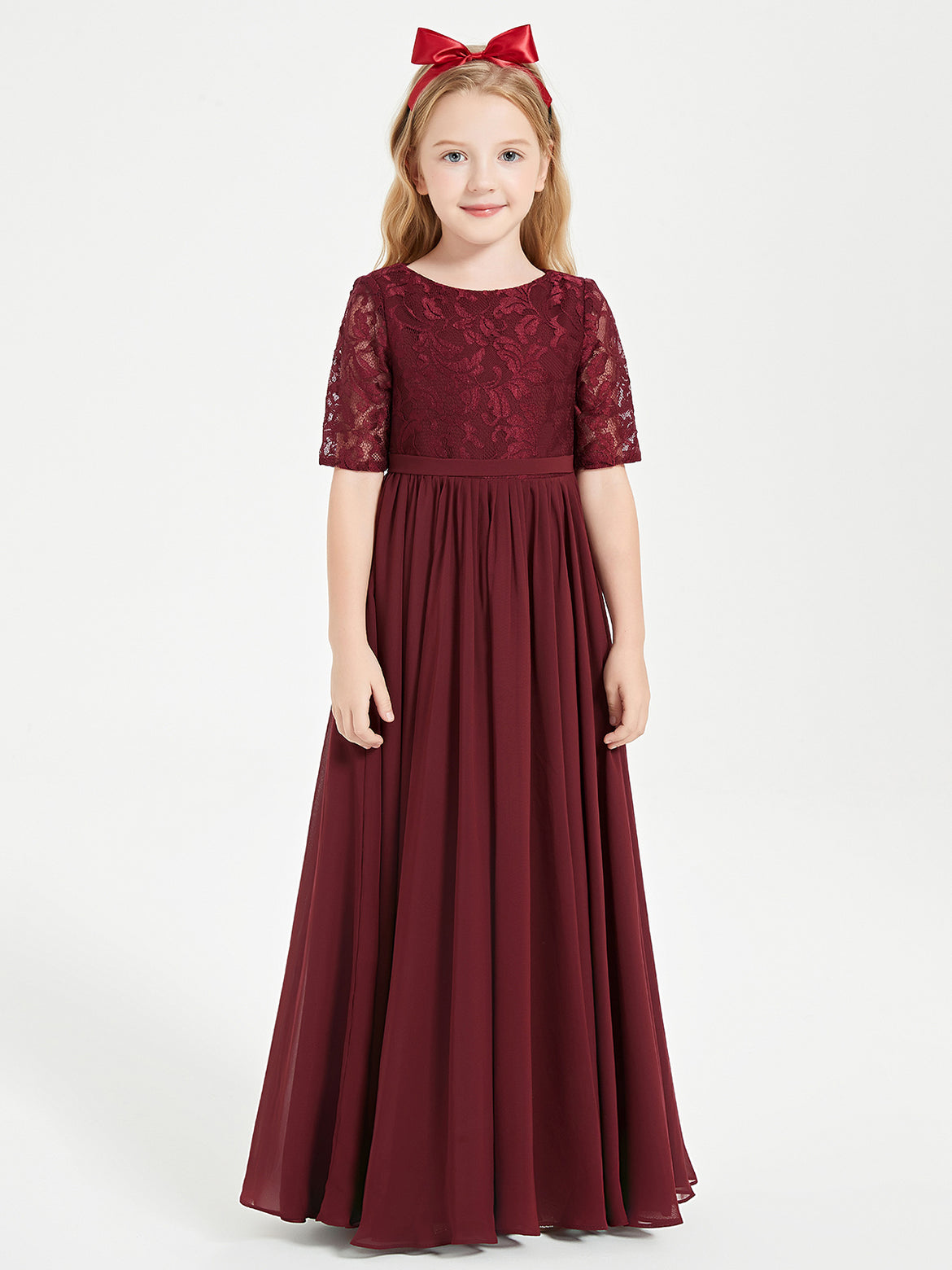 BABARONI Chiffon Burgundy Junior Bridesmaid Dresses A-line Square Spaghetti Straps Ruched Floor-length, Burgundy / J4