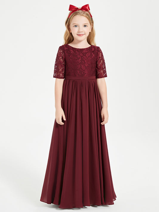 Long Junior Bridesmaid Gown Lace Top Half Sleeves Cabernet