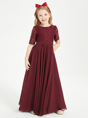 Long Junior Bridesmaid Gown Lace Top Half Sleeves Cabernet