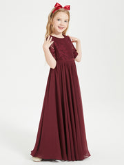 Long Junior Bridesmaid Gown Lace Top Half Sleeves Cabernet
