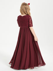Long Junior Bridesmaid Gown Lace Top Half Sleeves Cabernet