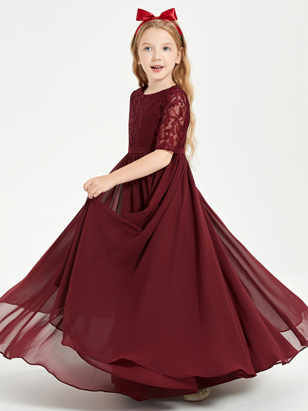 Pleated Lace Chiffon Long Junior Bridesmaid Gown Terracotta