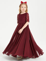 Long Junior Bridesmaid Gown Lace Top Half Sleeves Cabernet