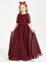 Long Junior Bridesmaid Gown Lace Top Half Sleeves Cabernet