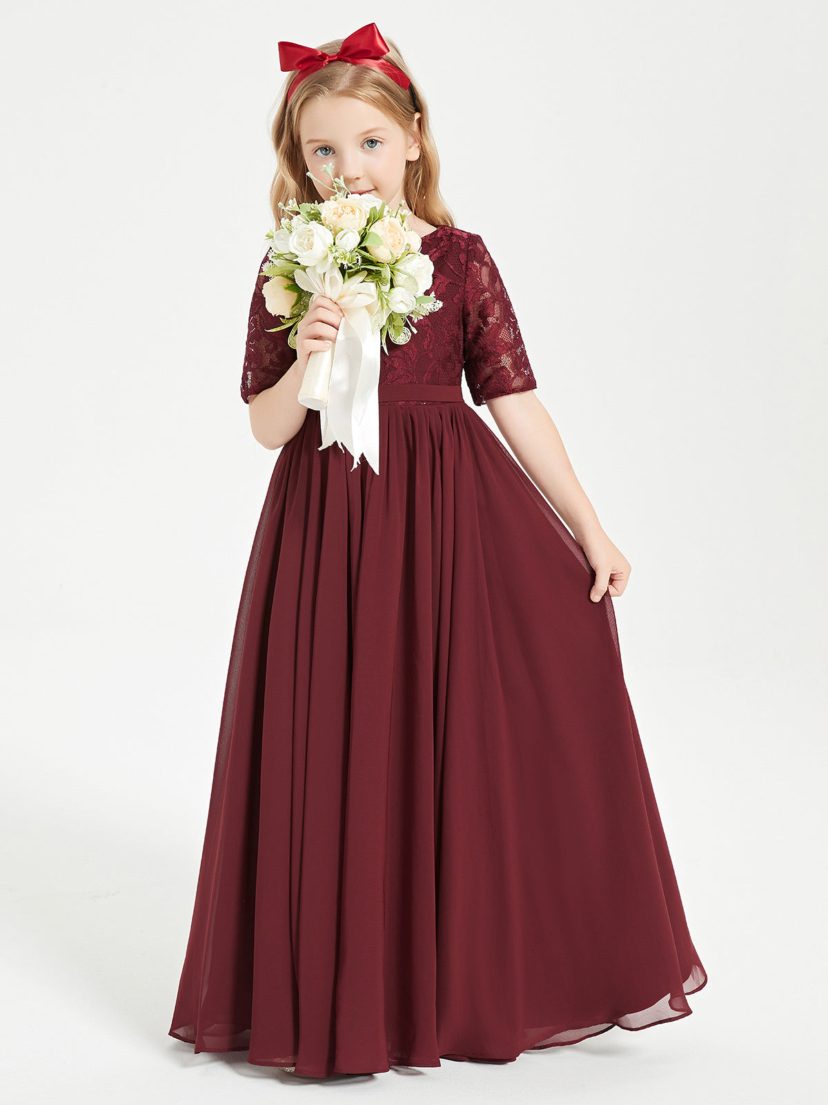 One-Shoulder Slit Detail Long Junior Bridesmaid Dress Cabernet