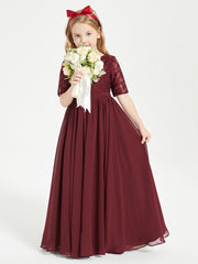 Long Junior Bridesmaid Gown Lace Top Half Sleeves Cabernet