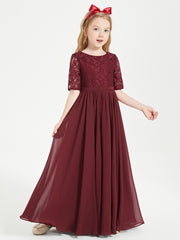 Long Junior Bridesmaid Gown Lace Top Half Sleeves Cabernet