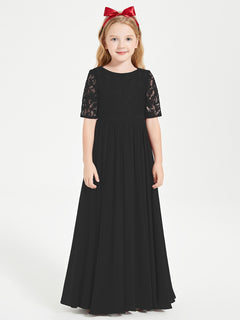 Long Junior Bridesmaid Gown Lace Top Half Sleeves Black