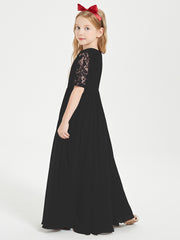 Long Junior Bridesmaid Gown Lace Top Half Sleeves Black