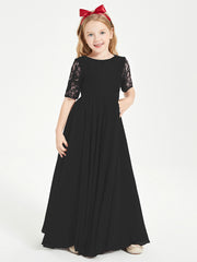 Long Junior Bridesmaid Gown Lace Top Half Sleeves Black