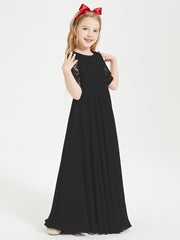 Long Junior Bridesmaid Gown Lace Top Half Sleeves Black
