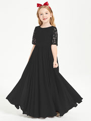 Long Junior Bridesmaid Gown Lace Top Half Sleeves Black