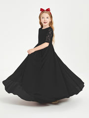 Long Junior Bridesmaid Gown Lace Top Half Sleeves Black