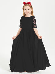 Long Junior Bridesmaid Gown Lace Top Half Sleeves Black