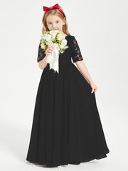 Long Junior Bridesmaid Gown Lace Top Half Sleeves Black