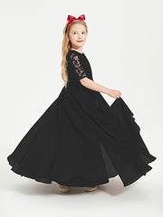 Long Junior Bridesmaid Gown Lace Top Half Sleeves Black