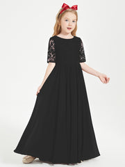 Long Junior Bridesmaid Gown Lace Top Half Sleeves Black