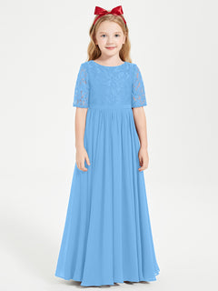 Long Junior Bridesmaid Gown Lace Top Half Sleeves Blue