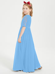 Long Junior Bridesmaid Gown Lace Top Half Sleeves Blue