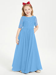 Long Junior Bridesmaid Gown Lace Top Half Sleeves Blue
